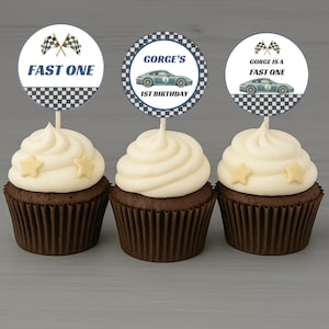 Editable Fast One Cupcake Toppers, Racecar Birthday Cake Toppers, Vintage Racing Car Party Decor, Printable Template, Instant Download FO1