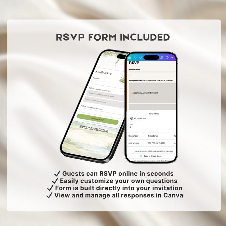May include: Two smartphones displaying RSVP forms. One phone shows a form with a green 'Return to Invitation' button. The other phone shows a completed RSVP with a checkmark. Text reads: 'RSVP FORM INCLUDED' and bullet points about online RSVP and customization.