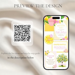 K&ouml;nnte beinhalten: Ein Smartphone zeigt eine Babyparty-Einladung mit Zitronen- und Blumendesign. Die Einladung enth&auml;lt den Text "Squeeze You!" und "Emily Anderson". Ein QR-Code und der Text "Preview the Design" sind ebenfalls sichtbar.