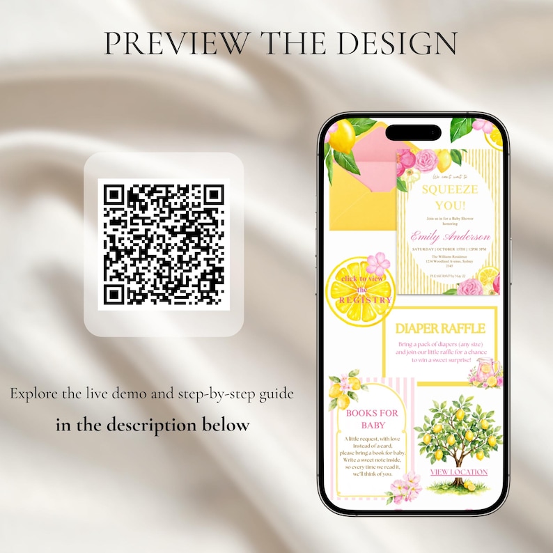 K&ouml;nnte beinhalten: Ein Smartphone zeigt eine Babyparty-Einladung mit Zitronen- und Blumendesign. Die Einladung enth&auml;lt den Text "Squeeze You!" und "Emily Anderson". Ein QR-Code und der Text "Preview the Design" sind ebenfalls sichtbar.