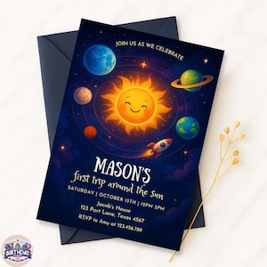 First Trip Around the Sun Birthday Invitation: Space Theme (Editable Canva Template, Digital Download)