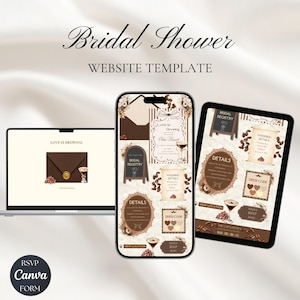 May include: A digital bridal shower website template displayed on a laptop, smartphone, and tablet. The design features a coffee-themed aesthetic with brown tones, coffee beans, martini glasses, and text including Bridal Shower, Love is Brewing.