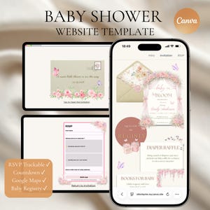 May include: A baby shower website template displayed on a laptop and smartphone. The design features floral elements, butterflies, and the text "Baby Shower Website Template." The smartphone shows an invitation, registry, and RSVP options.