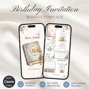 May include: Two smartphones displaying a birthday invitation website template. The left screen shows a book with a key and the text You're Invited. The right screen features sections for a wishlist, party schedule, and RSVP with floral graphics.