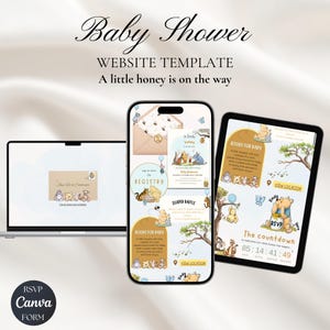 May include: A baby shower website template with a Winnie the Pooh theme. The design is displayed on a laptop, smartphone, and tablet. The text includes "Baby Shower", "A little honey is on the way", and "RSVP Canva Form".