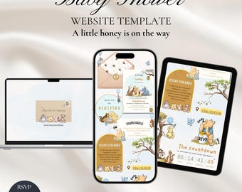 Winnie the Pooh Baby Shower Invitation Website with RSVP | Little Honey Is On The Way, Editable Canva Invite