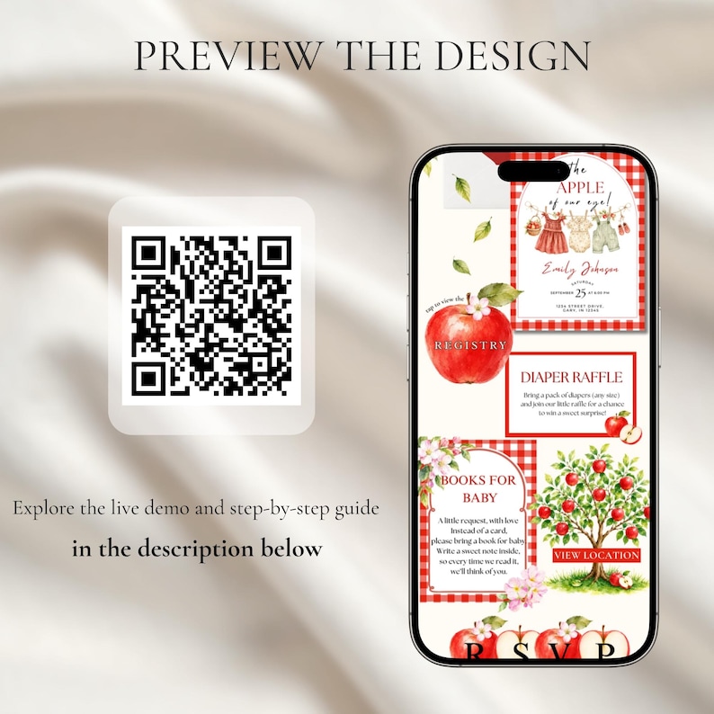 May include: A smartphone displaying a digital baby shower invitation suite with an apple theme, featuring red gingham patterns, watercolor apple illustrations, and text including "THE APPLE of our eye," "REGISTRY," "DIAPER RAFFLE," and "BOOKS FOR BABY."