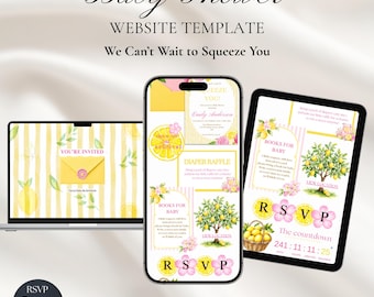 Lemon Baby Shower Invitation Template with RSVP | We Can’t Wait to Squeeze You Editable Canva Website Invite