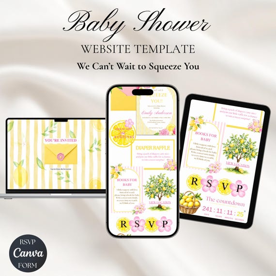 Lemon Baby Shower Invitation Template with RSVP | We Can’t Wait to Squeeze You Editable Canva Website Invite