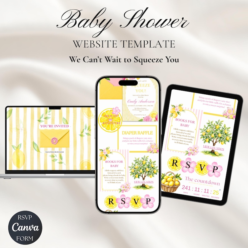 K&ouml;nnte beinhalten: Eine Babyparty-Website-Vorlage mit Zitronen-Thema. Das Design umfasst einen Laptop, ein Telefon und ein Tablet, die Einladungsdetails, RSVP-Informationen und einen Countdown anzeigen. Der Text enth&auml;lt "Baby Shower", "We Can't Wait to Squeeze You" und "RSVP Canva Form".