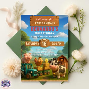 Farm Birthday Invitation, Barnyard Animals Kids Party Invite, Editable Ranch Birthday Template, Printable Farm Animals Birthday Card, Farm02