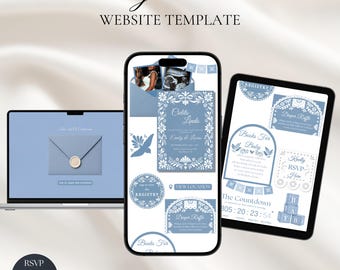 May include: A digital baby shower website template displayed on a laptop, smartphone, and tablet. The design features a dusty blue color palette with white floral patterns, including an invitation, registry links, RSVP form, and countdown timer.