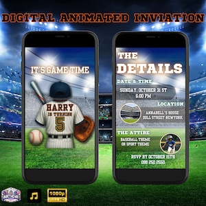 Convite de aniversário animado com tema de beisebol, modelo de convite em vídeo editável, download digital para festa esportiva, cartão eletrônico de aniversário de menino