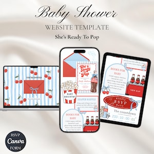 Może przedstawiać: Szablon strony internetowej na baby shower z tekstem "Baby Shower" i "She's Ready To Pop". Projekt zawiera laptopa, telefon i tablet wyświetlające szczegóły zaproszenia z grafiką wiśni i kopert.