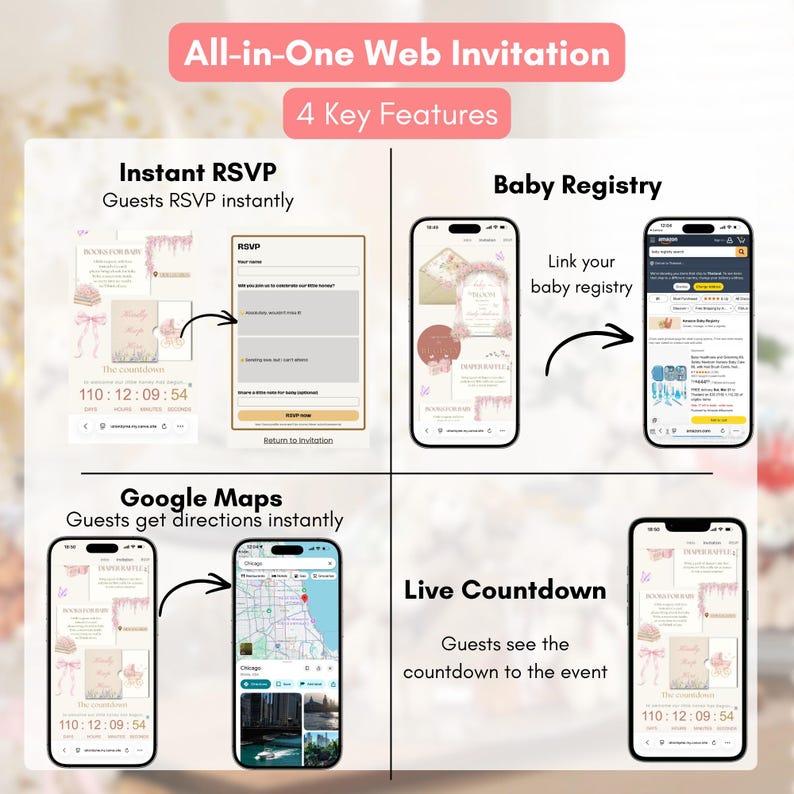 May include: An infographic showcasing an All-in-One Web Invitation with four key features: Instant RSVP, Baby Registry link, Google Maps integration, and a Live Countdown. The design features pink and gold accents, with mobile phone mockups displaying the features.