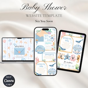 May include: A baby shower website template displayed on a laptop, phone, and tablet. The theme is "Sea You Soon" with illustrations of seashells, seahorses, and whales. The phone and tablet show RSVP details and a countdown.