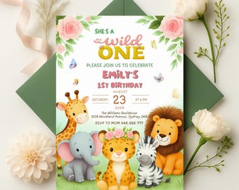 Wild One Safari Birthday Invitation Girl: Jungle Animals 1st Birthday (Printable Template, Digital Download