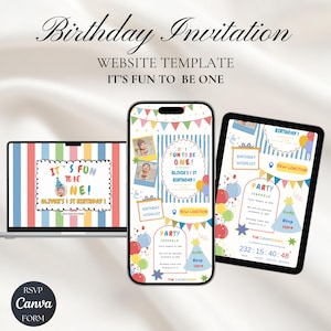 May include: A digital birthday invitation template displayed on a laptop, smartphone, and tablet. The design features colorful stripes, balloons, and the text "It's Fun to Be One!" and "Olivia's 1st Birthday!" The invitation includes RSVP information.