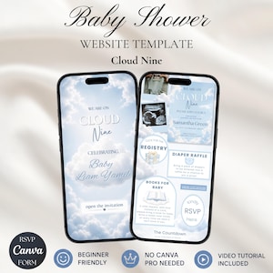 Puede incluir: Una plantilla de sitio web para baby shower con un cielo azul claro y nubes blancas. Las pantallas móviles muestran texto que incluye Baby Shower, Cloud Nine, Celebrating Baby Liam Yamil, Registry, Diaper Raffle, Books for Baby y RSVP.