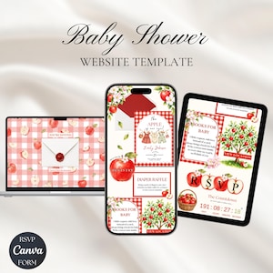 May include: A digital baby shower website template displayed on a laptop, smartphone, and tablet. The design features a red and white gingham pattern, watercolor apple illustrations, and text including Baby Shower, RSVP, and Books for Baby.