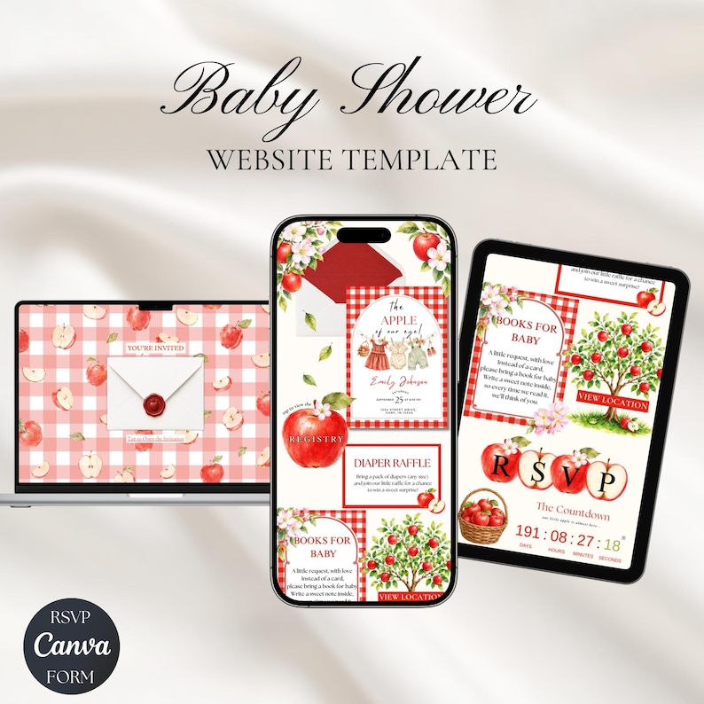 May include: A digital baby shower website template displayed on a laptop, smartphone, and tablet. The design features a red and white gingham pattern, watercolor apple illustrations, and text including Baby Shower, RSVP, and Books for Baby.