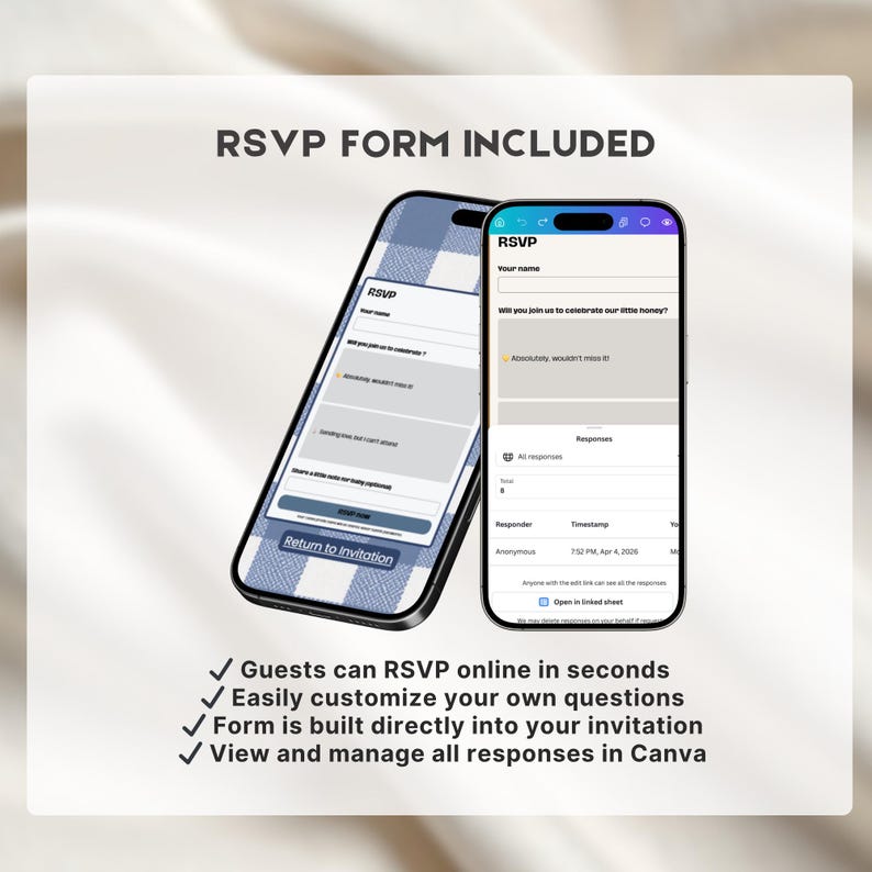 Puede incluir: Dos tel&eacute;fonos inteligentes que muestran un formulario RSVP. Uno tiene un patr&oacute;n de cuadros azul y blanco, el otro muestra el formulario RSVP con una respuesta. El texto incluye "RSVP FORM INCLUDED" y vi&ntilde;etas sobre RSVP en l&iacute;nea y personalizaci&oacute;n.