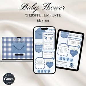 Puede incluir: Una plantilla de sitio web para baby shower con tema de blue jean. El dise&ntilde;o incluye una computadora port&aacute;til, un tel&eacute;fono inteligente y una tableta que muestran dise&ntilde;os de invitaci&oacute;n. La combinaci&oacute;n de colores es azul claro y blanco, con texturas de mezclilla y elementos decorativos.