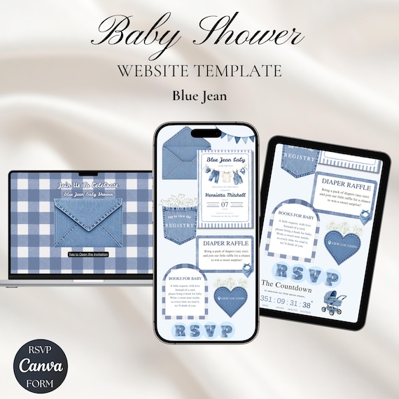 Blue Jean Baby Website Invitation Template with RSVP | Editable Canva Baby Shower Invite, Denim Theme Digital Invitation