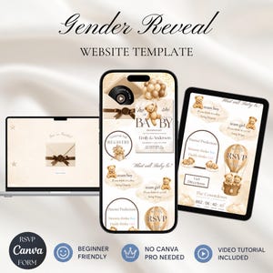 May include: A gender reveal website template displayed on a laptop, smartphone, and tablet. The design features teddy bears, balloons, and neutral beige tones with text including Gender Reveal, Website Template, RSVP, and Parents' Predictions.