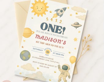 Astronaut First Birthday Invitation: Outer Space Theme (Digital Download, 5x7 Printable)