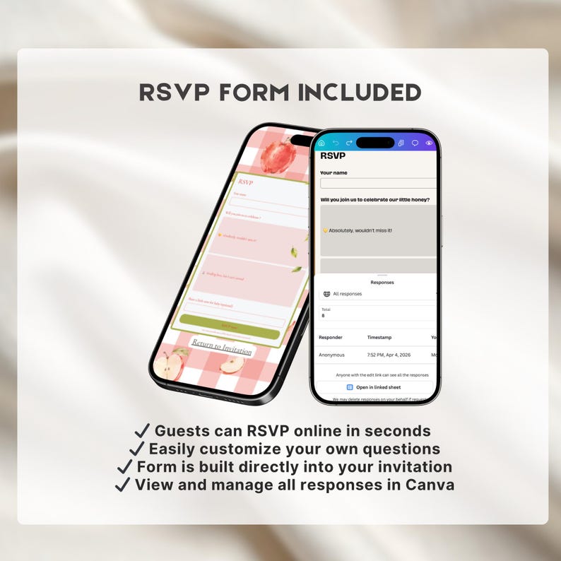 May include: Two smartphones displaying a digital RSVP form with a pink gingham and apple pattern. The text reads RSVP FORM INCLUDED, RSVP, Your name, Will you join us to celebrate our little honey, and Guests can RSVP online in seconds.