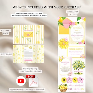 K&ouml;nnte beinhalten: Digitales Babyparty-Einladungsset mit Zitronen-Thema. Enth&auml;lt eine 3-seitige Website-Einladung, ein RSVP-Formular und Einladungsdetails. Enth&auml;lt eine Willkommensseite, ein RSVP-Formular und einen Countdown-Timer. Enth&auml;lt ein Video-Tutorial und eine PDF-Anleitung.