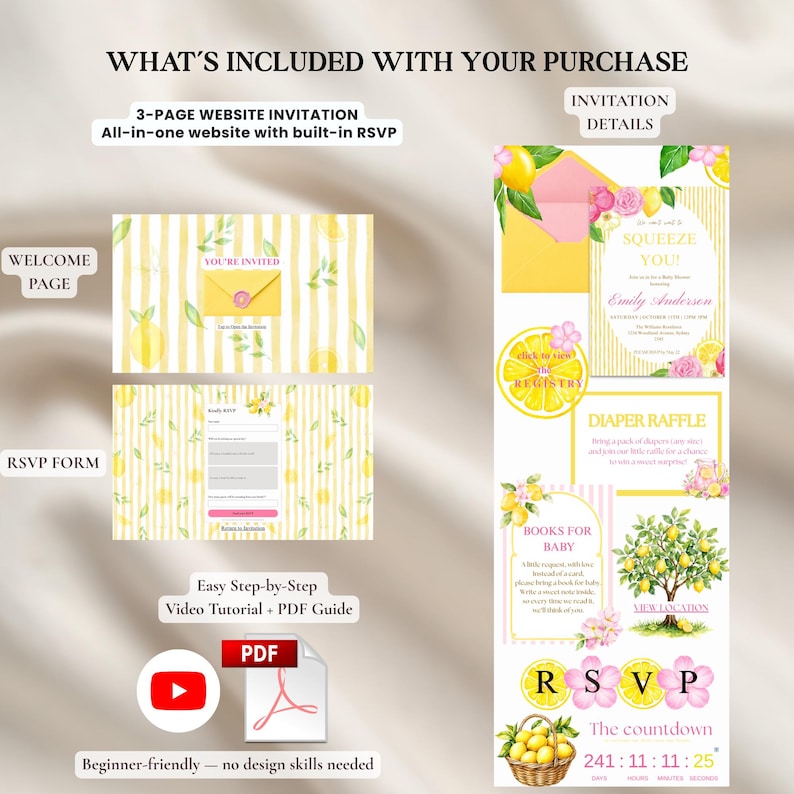 K&ouml;nnte beinhalten: Digitales Babyparty-Einladungsset mit Zitronen-Thema. Enth&auml;lt eine 3-seitige Website-Einladung, ein RSVP-Formular und Einladungsdetails. Enth&auml;lt eine Willkommensseite, ein RSVP-Formular und einen Countdown-Timer. Enth&auml;lt ein Video-Tutorial und eine PDF-Anleitung.