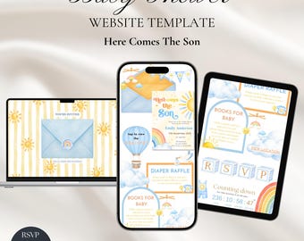 Invitación para baby shower "Here Comes the Son" con confirmación de asistencia / Plantilla editable de Canva, invitación para baby shower, descarga instantánea.
