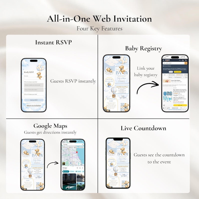 May include: An infographic titled All-in-One Web Invitation Four Key Features displaying four smartphone screens. Features include Instant RSVP, Baby Registry with Amazon link, Google Maps integration for directions, and a live event countdown.