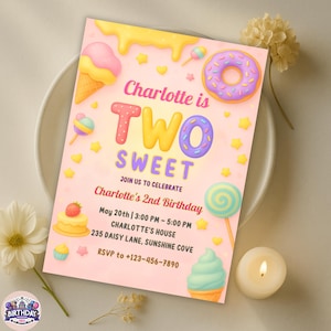 Two Sweet Birthday Invite, 2nd Birthday Girl Invitation, Candy Donut Ice Cream Dessert Party, Editable Cupcake Printable Template