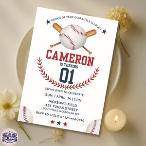 Bearbeitbare Baseball-Geburtstagseinladung für Jungen, Rookie des Jahres Sportthema, Swing-on-Over-Canva-Vorlage, Kinderpartyeinladung