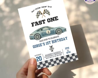 Fast One Racing Car Birthday Invitation, Editable 1st Birthday Racecar Invite, Vintage Racing Theme for Boys, Printable Template