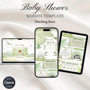 Sitio web de invitación para baby shower "Próximamente eclosionando" con confirmación de asistencia / Plantilla editable de Canva, invitación digital para baby shower.
