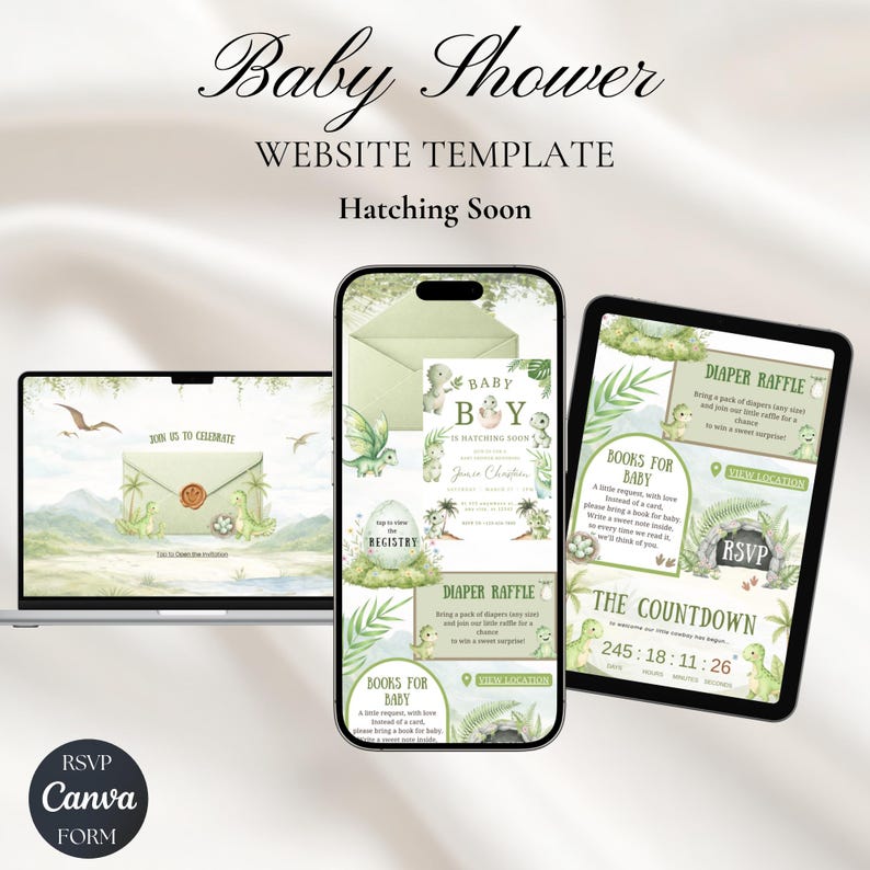 May include: A baby shower website template displayed on a laptop, smartphone, and tablet. The design features a soft green color scheme with dinosaur illustrations and the text "Baby Shower" and "Hatching Soon". The smartphone shows a baby boy announcement.