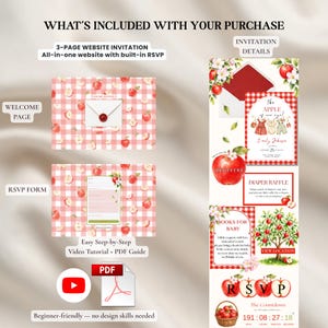 May include: A 3-page website invitation template featuring a red and white gingham pattern with apple illustrations. Includes a welcome page, RSVP form, and invitation details with text like The Apple of Our Eye, Diaper Raffle, and Books for Baby.