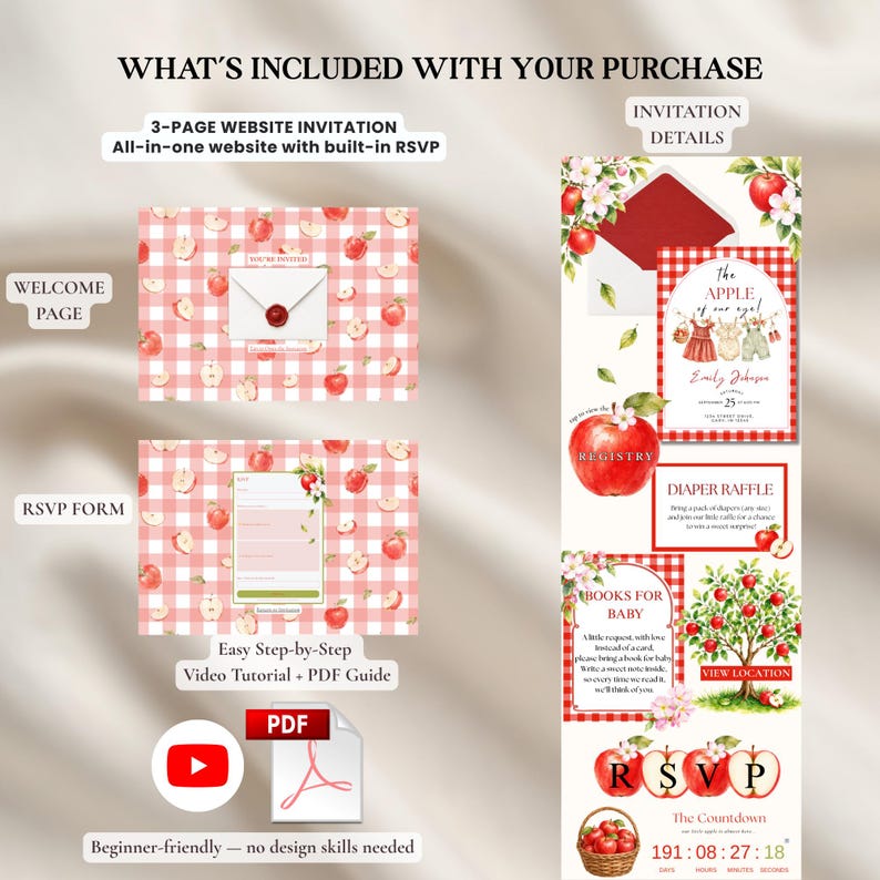 May include: A 3-page website invitation template featuring a red and white gingham pattern with apple illustrations. Includes a welcome page, RSVP form, and invitation details with text like The Apple of Our Eye, Diaper Raffle, and Books for Baby.