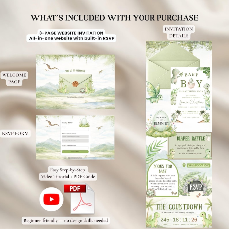 May include: A baby shower invitation suite with a dinosaur theme. The invitation includes a welcome page, RSVP form, and invitation details. The design features watercolor illustrations of dinosaurs and greenery, with the text "Baby Boy is Hatching Soon."