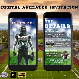 Convite de aniversário animado com tema de futebol, modelo de convite em vídeo editável, cartão eletrônico digital para festa esportiva para meninos, download instantâneo