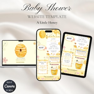 Może przedstawiać: Szablon strony internetowej na baby shower z motywem pszczół, wyświetlany na laptopie, smartfonie i tablecie. Tekst zawiera "Baby Shower", "A Little Honey" i informacje RSVP.