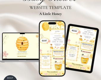 Invitación para baby shower "A Little Honey Is On The Way" con confirmación de asistencia, plantilla editable de Canva, invitación para baby shower con temática de abejas.