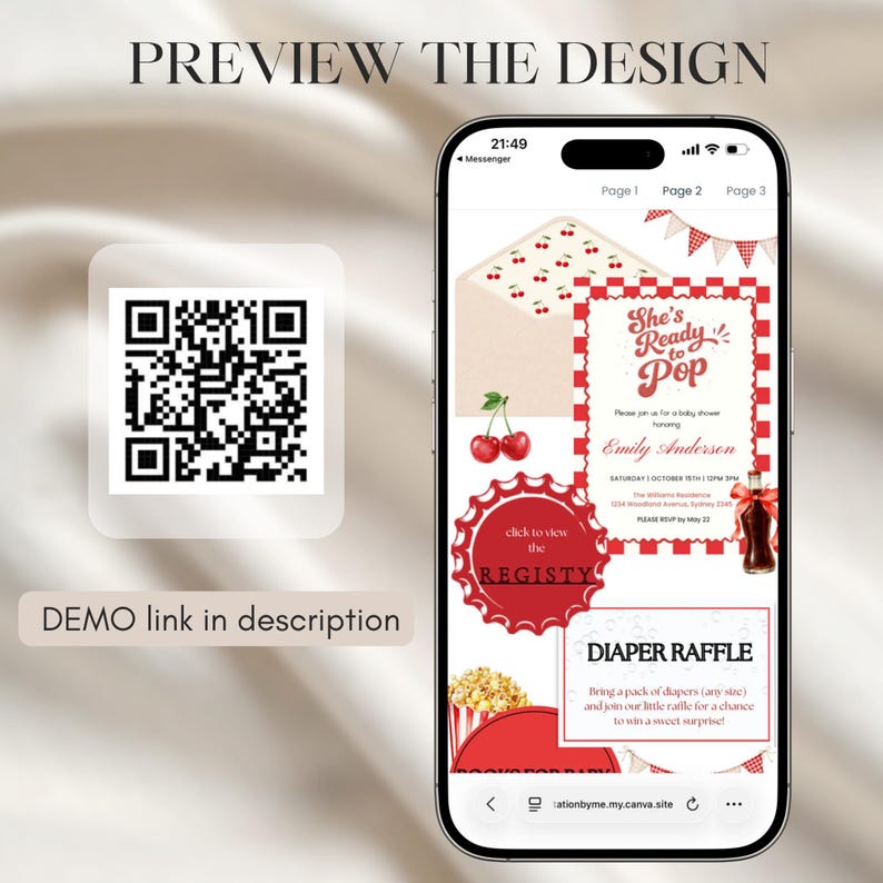 May include: A smartphone displays a baby shower invitation with a red and white theme. The invitation includes text, cherries, and a bottle of soda. A QR code and the text "DEMO link in description" are also visible.