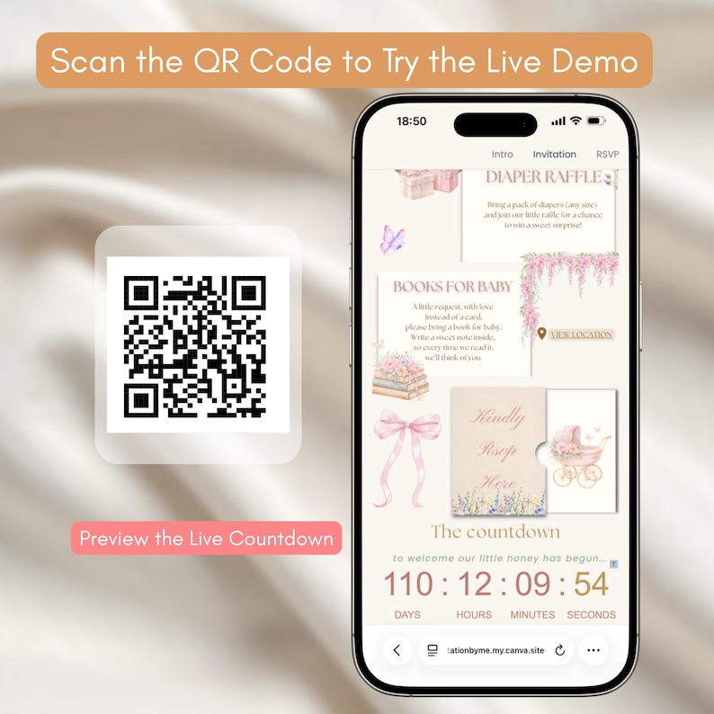 May include: A smartphone displays a baby shower invitation with floral and pink accents. The screen shows text including "Diaper Raffles" and a countdown timer. A QR code is visible, with the text "Scan the QR Code to Try the Live Demo."