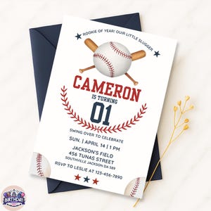 Bearbeitbare Baseball-Geburtstagseinladung für Jungen, Rookie des Jahres Sportthema, Swing-on-Over-Canva-Vorlage, Kinderpartyeinladung