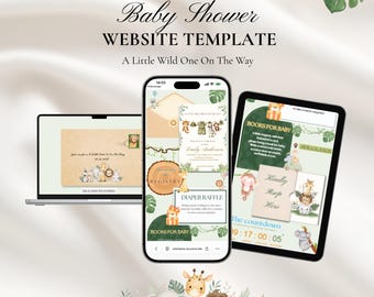 Invitación web para baby shower "Un pequeño salvaje" con confirmación de asistencia / Baby shower estilo safari, plantilla Canva de animales de la selva.